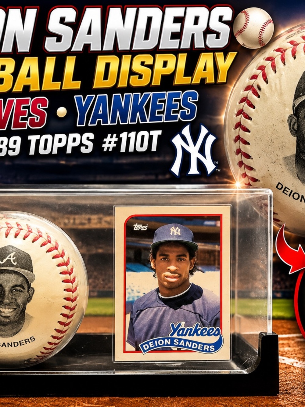 Deion Sanders Baseball Display Atlanta Braves Yankees 1989 Topps #110T Vintage